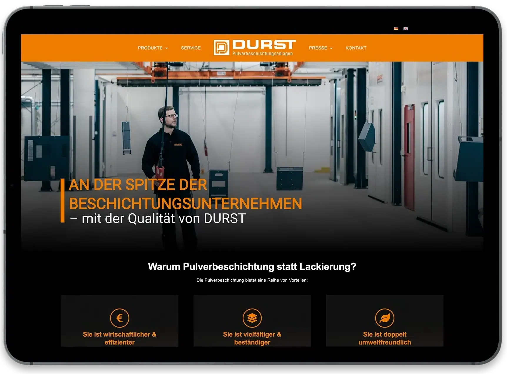 Webseite Durst Pulverbeschichtungsanlagen auf dem iPad