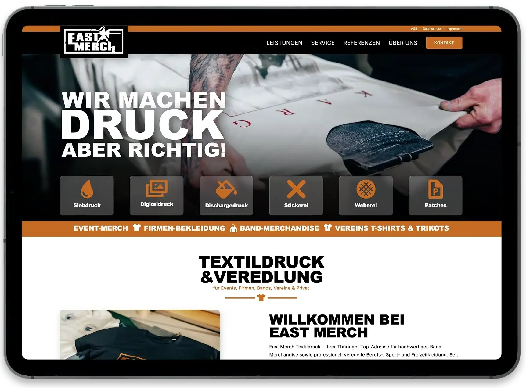 Webseite East Merch Textildruck auf dem iPad