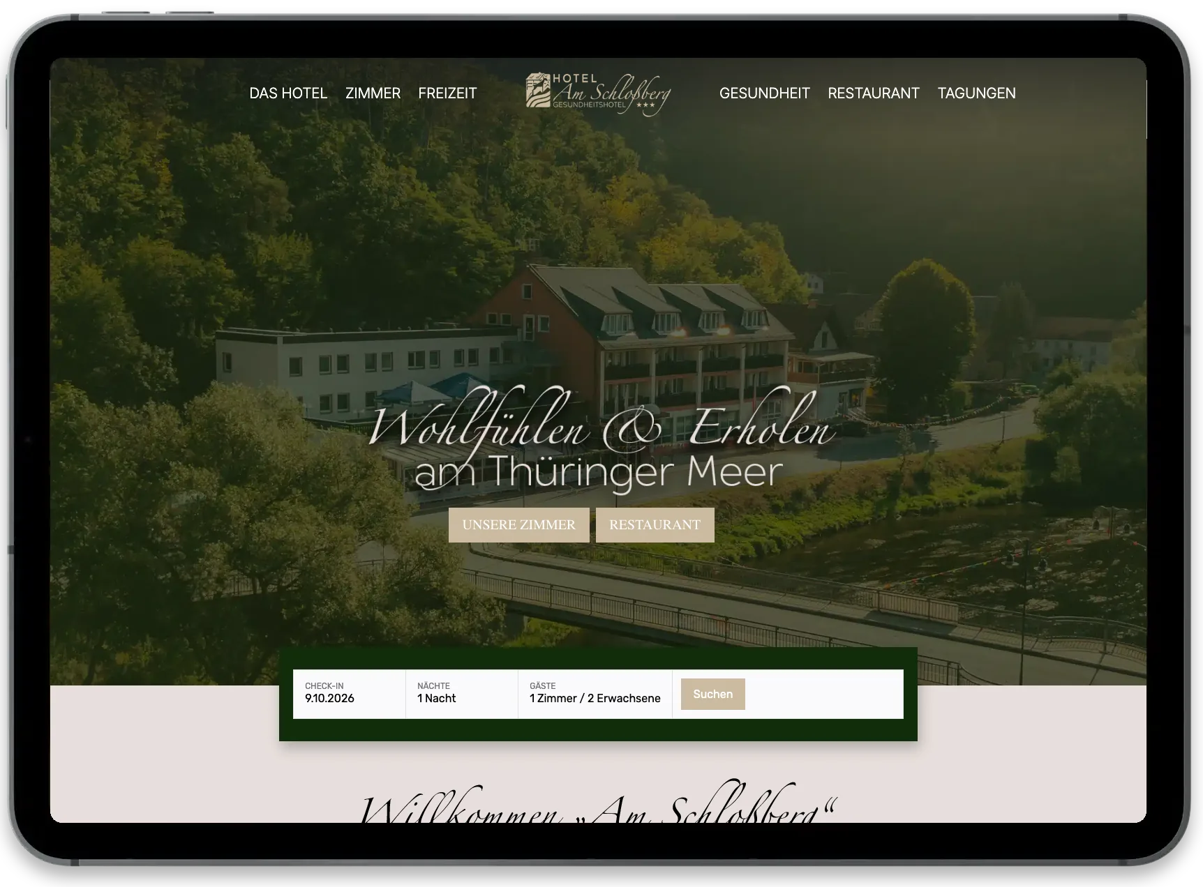 Webseite Hotel Am Schlossberg Ziegenrück auf dem iPad
