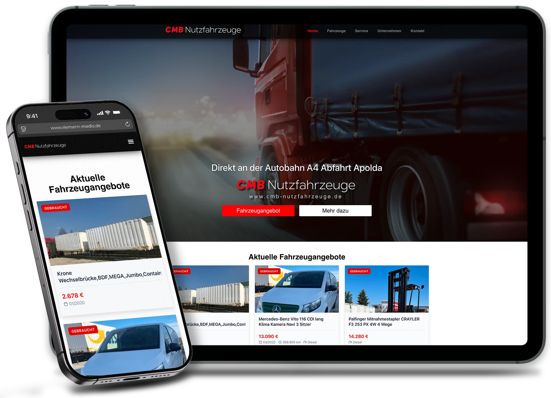 Webseite CMB Nutzfahrzeuge GmbH auf iPad und iPhone