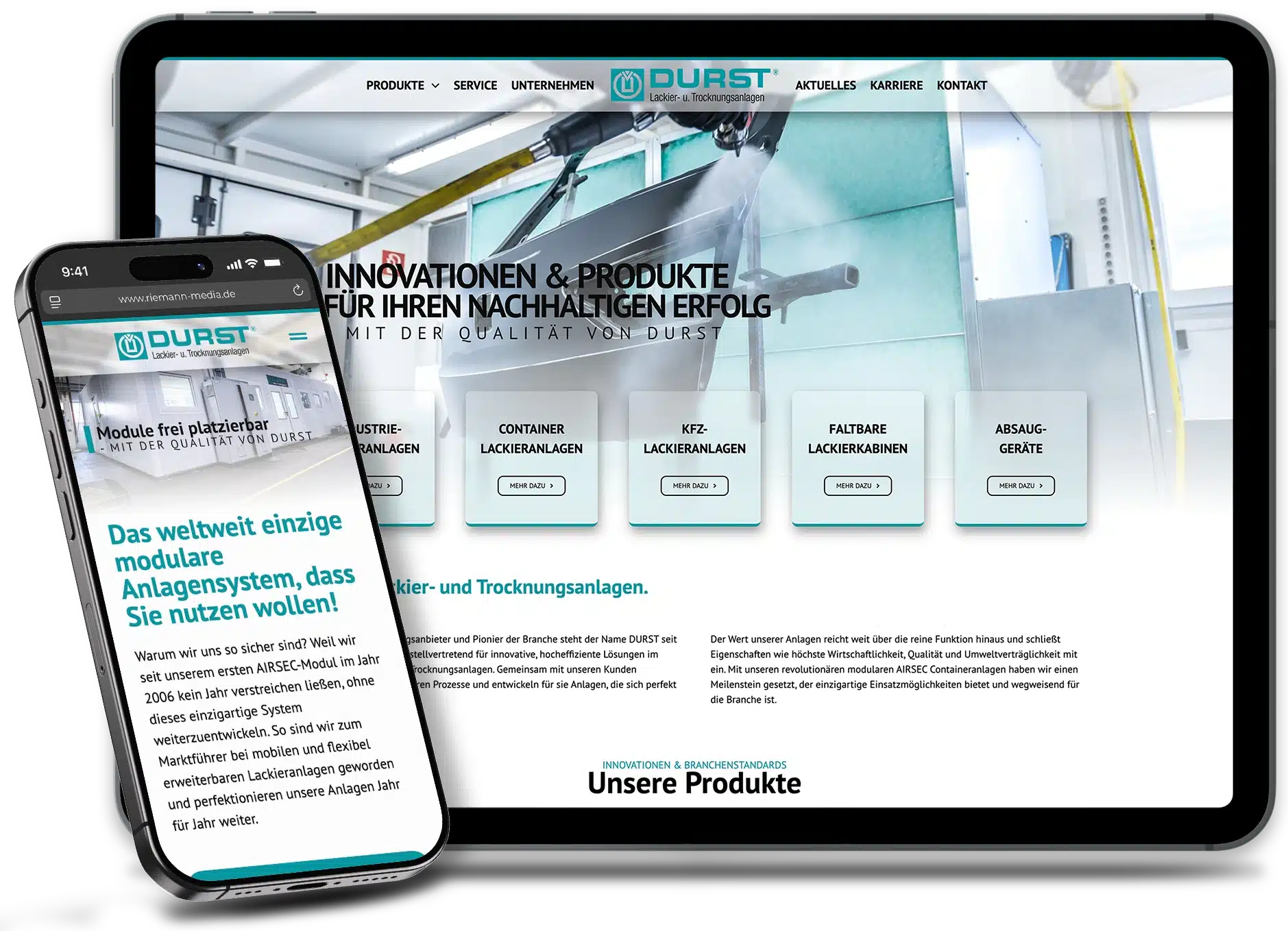 Webseite Durst Lackier- & Trocknungsanlagen auf iPad und iPhone