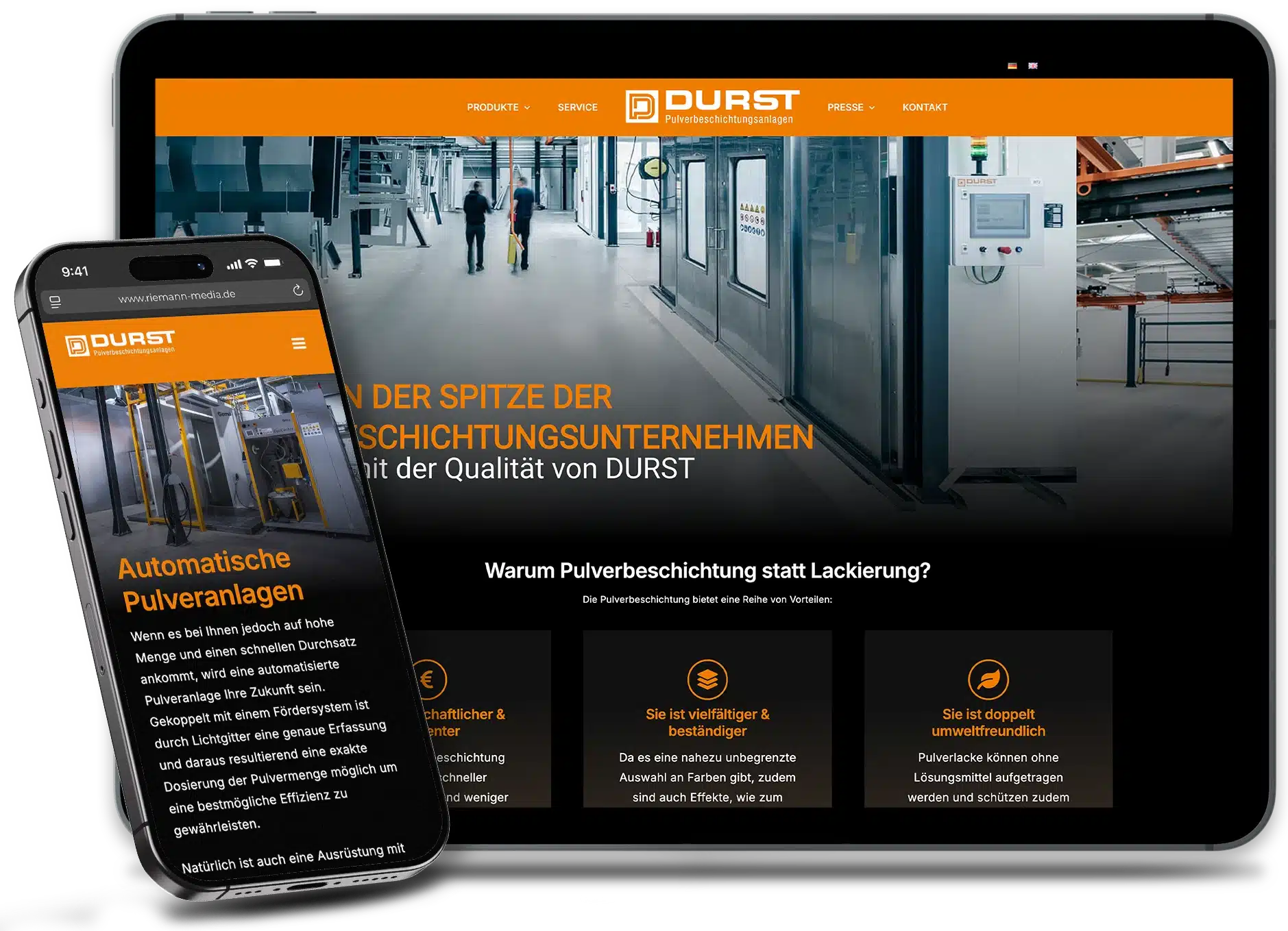 Webseite Durst Pulverbeschichtungsanlagen auf iPad und iPhone