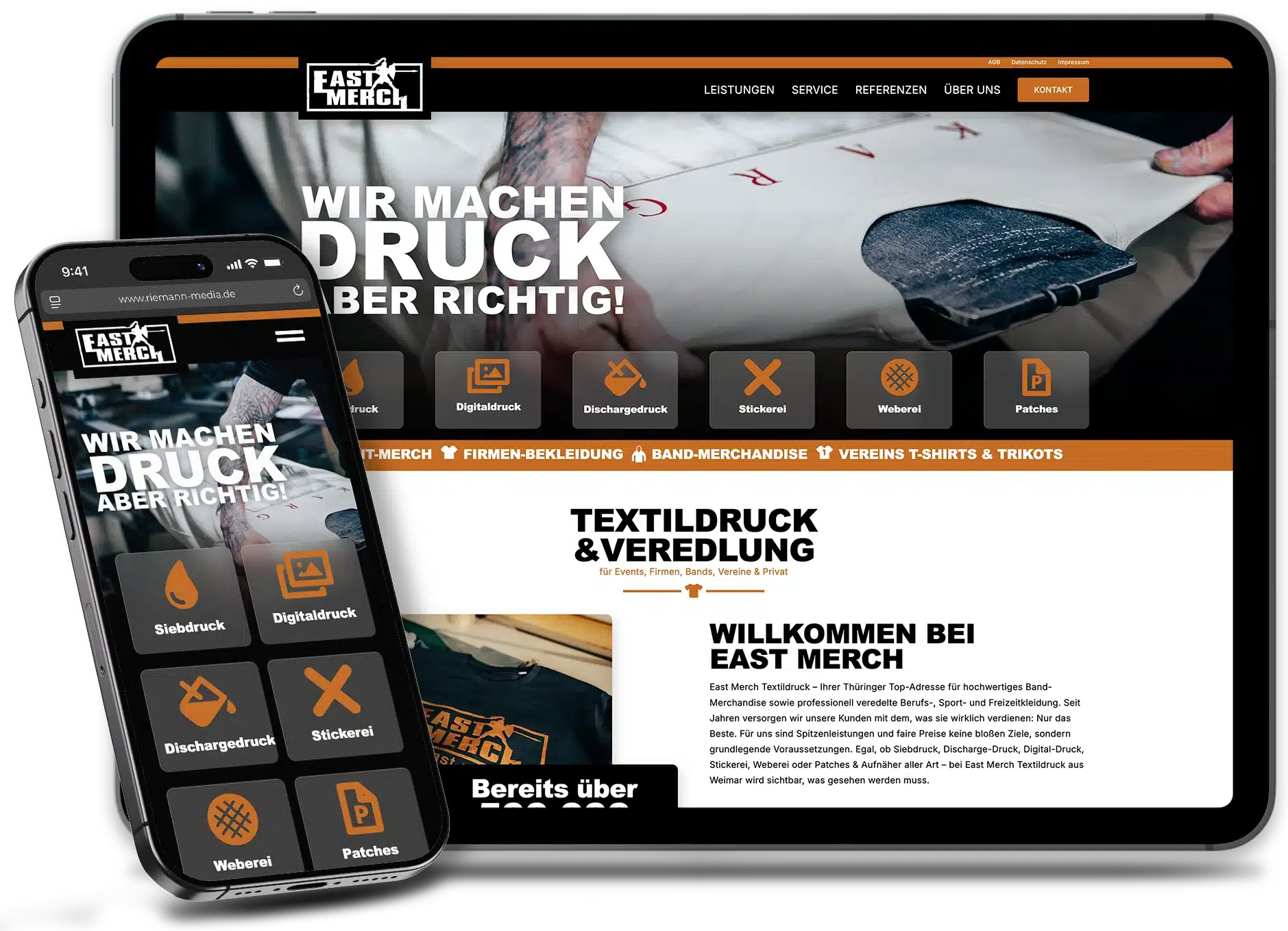 Webseite East Merch Textildruck auf iPad und iPhone